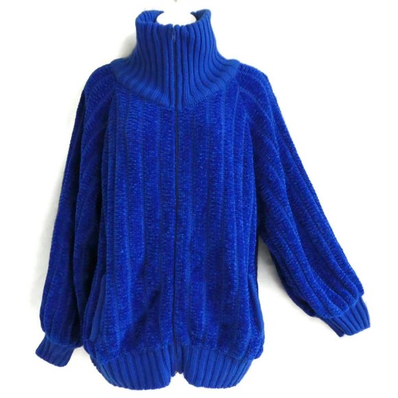 Vintage Sweaters - SOLD Vintage 80s Cardigan Chenille Cobalt Zip Knit M